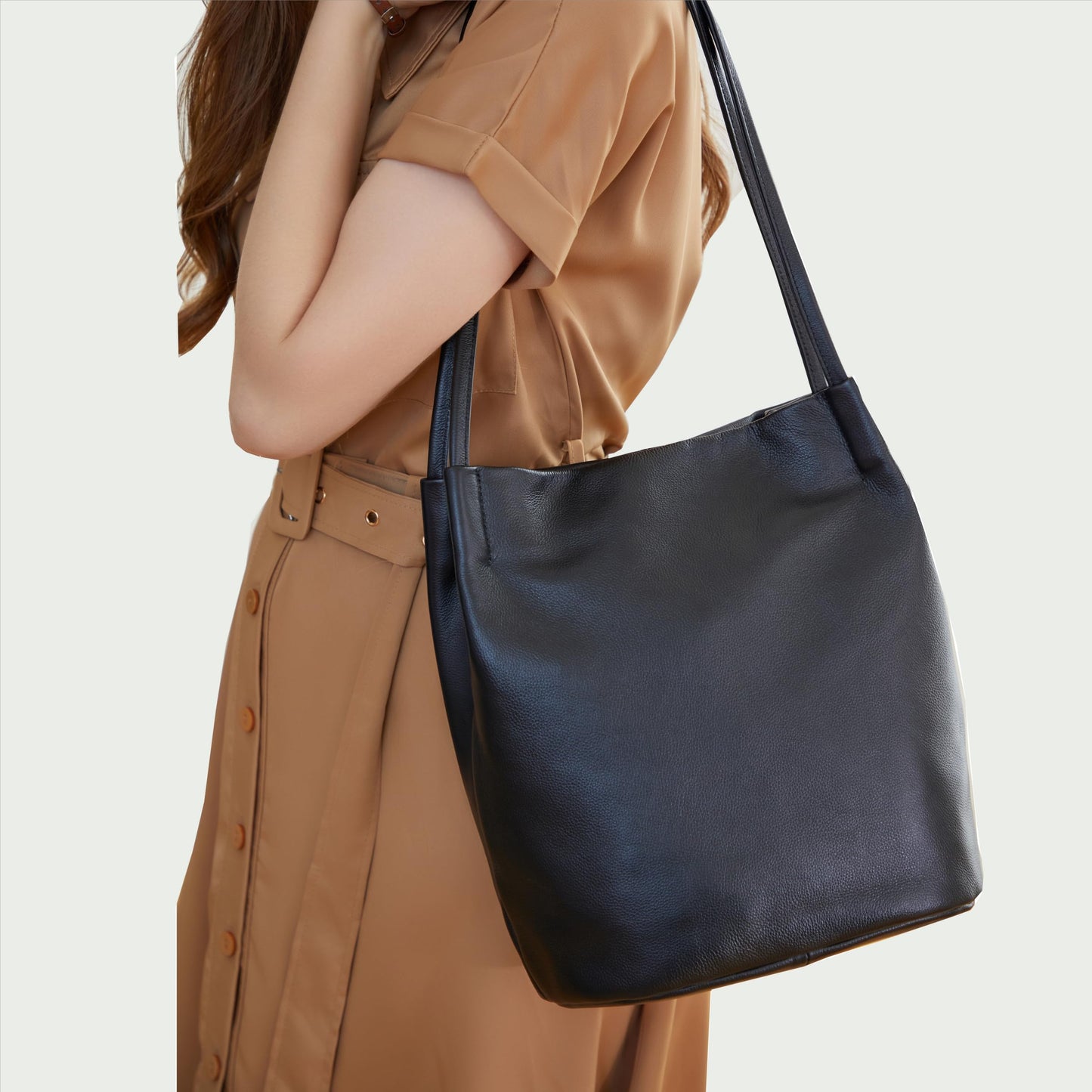 Iswee Genuine Leather Tote Purse Hobo Purses for Women Satchel Shoulder Bag Bucket Bags ladies Designer Handbags (Navy Blue Lichee)