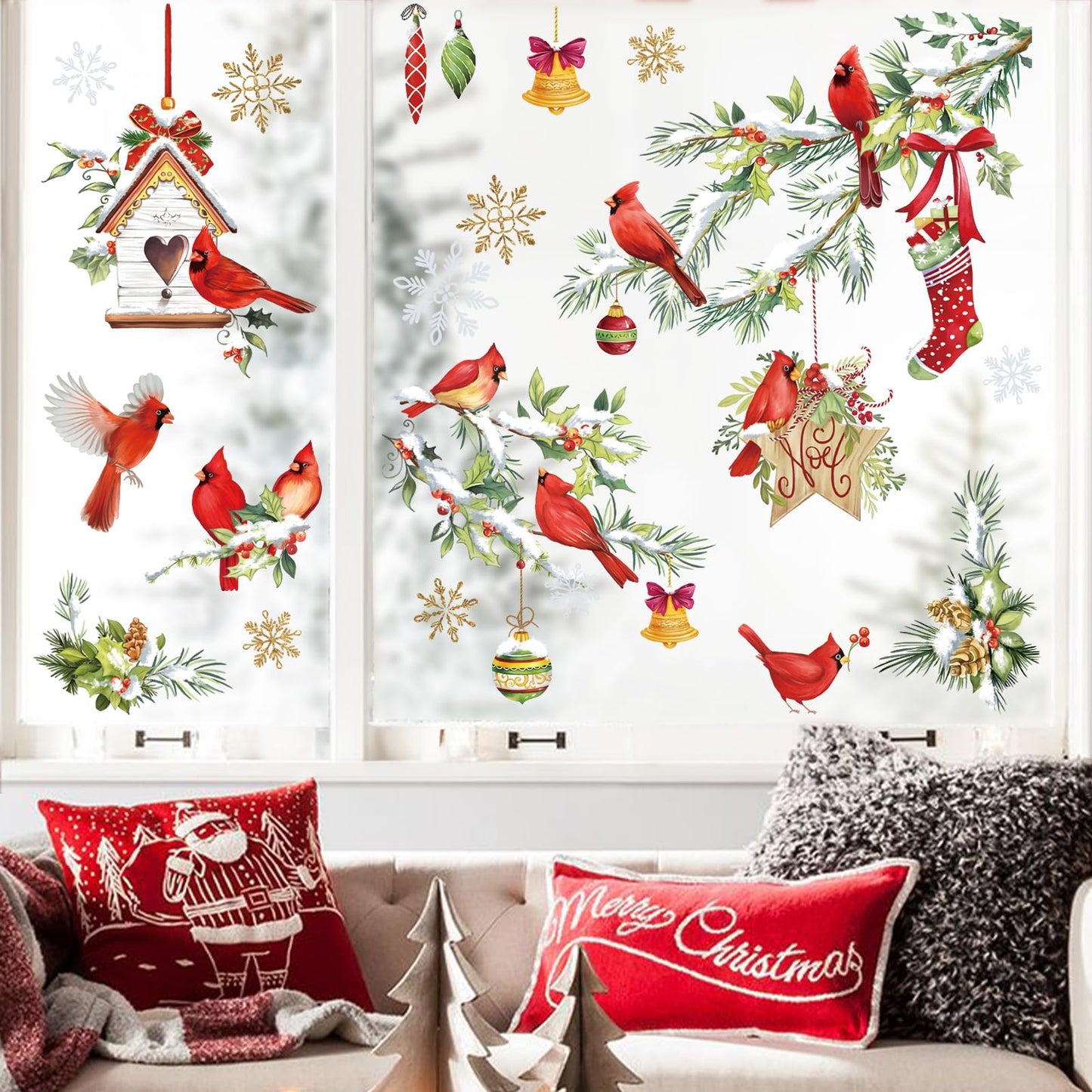 wondever Red Birds Tree Branch Window Clings Cardinal Glass Sticker Decal Anti Collision Double-Side Static Window Decals for Home Glass