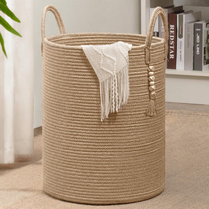 Goodpick Boho Jute Laundry Hamper Basket, Wicker Laundry Basket with Handles, Tall Baby Nursery Hamper, Large Woven Blanket Storage for Living Room, Bedroom, 16" x 20"