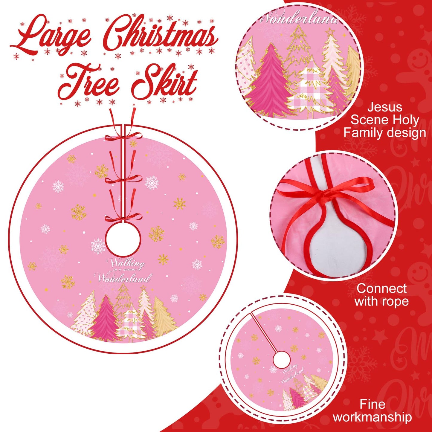 Tiamon 48 Inch Pink Christmas Tree Skirt Large Double Layer Xmas Tree Decoration Merry Christmas Tree Skirt Mat Decor for Winter Holiday Party Christmas Decorations Supplies