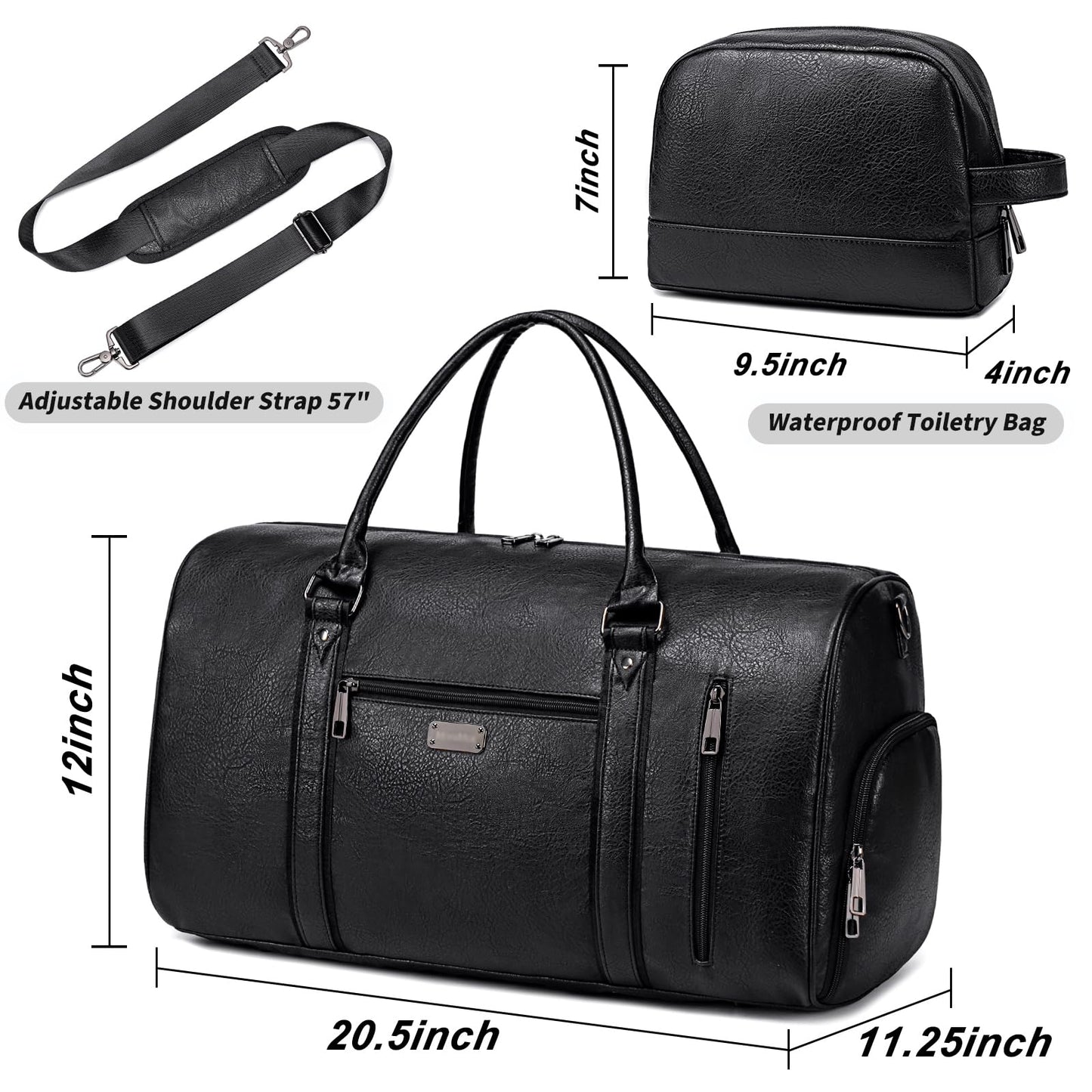 Large Travel Duffel Bag for Women Men, Faux Leather Weekender Overnight Bag with Shoe Compartment, Waterproof Carry On Bag with Toiletry Bag, Travel Tote Bag Gym Bag (Black)