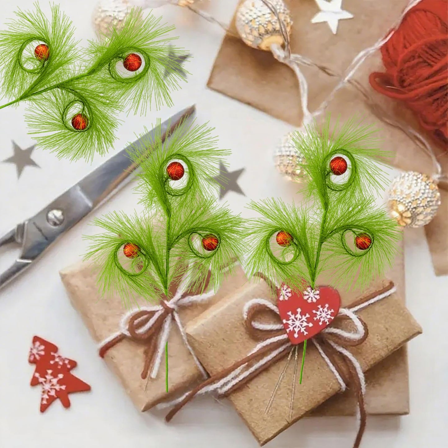6 PCS 17" Christmas Tree Topper Christmas Floral Picks with 3 Red Ball,Xmas Artificial Flowers Wreath Green Stems,DIY Xmas Ornaments Crafts Winter Christmas Decorations Gift Wrapping