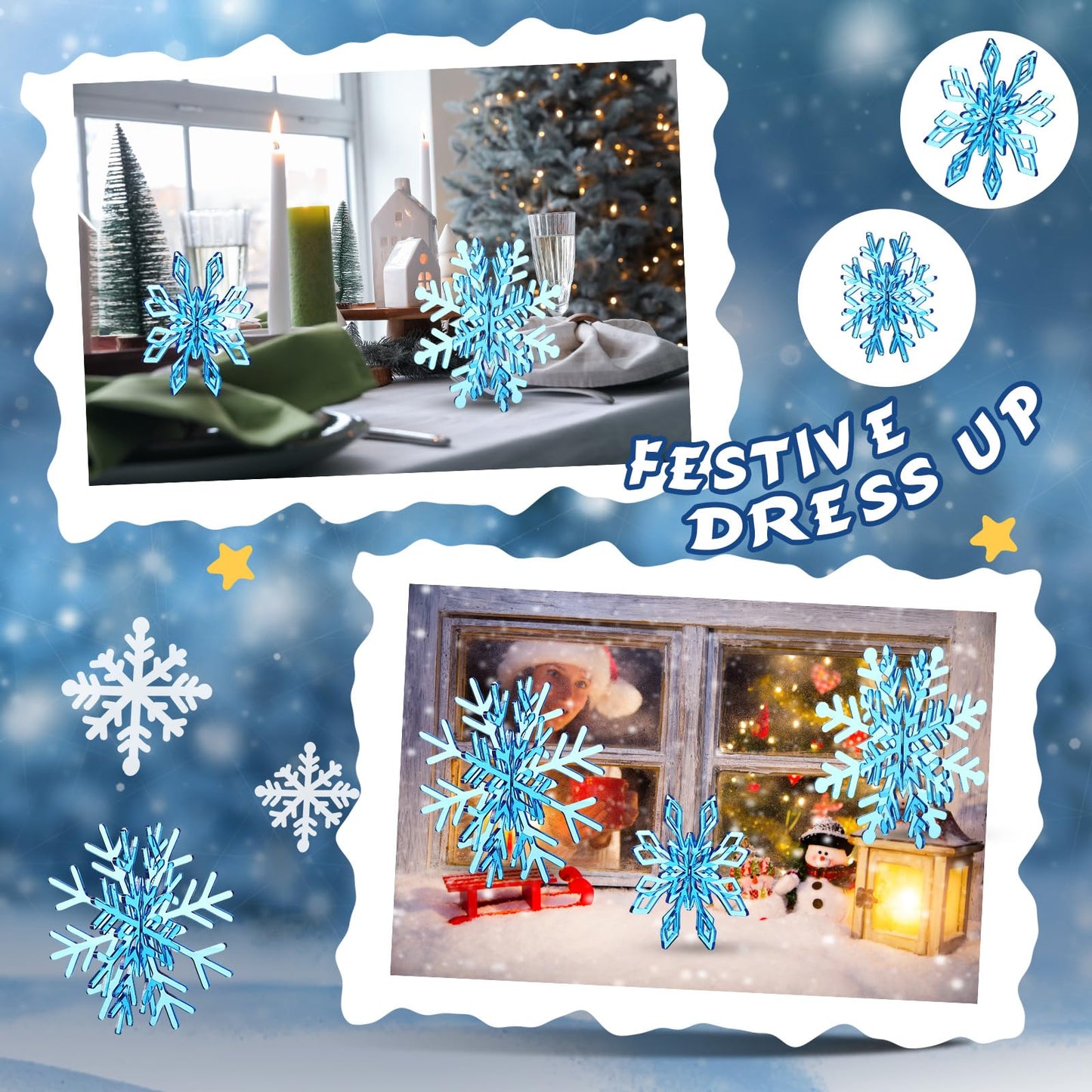 Yousoontic Set of 8 Winter 3D Acrylic Snowflake 16 Pcs Acrylic Snowflake Table Decorations Tabletop Centerpiece for Winter Party Wedding New Year(Blue)