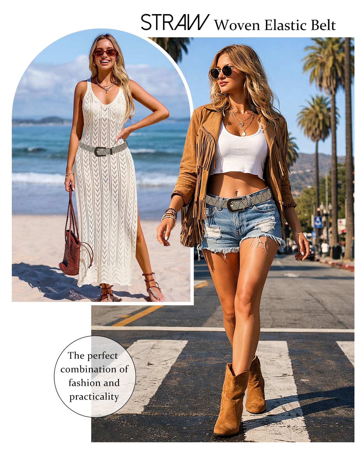 AWAYTR Womens Boho Woven Belt - Easy Care Plastic Elastic Belt with Handmade Raffia Buckle for Daily Vacation Work,Black with Beige Stripes,Fit Waist 31''-36''