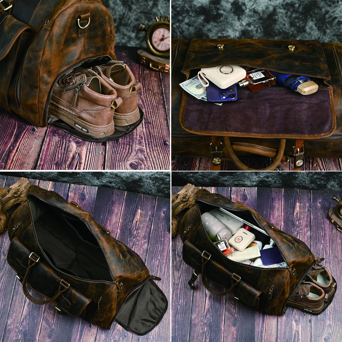 Handadsume Canvas + Leather Travel Luggage Tote Duffle Gym Suitcase Weekender Overnight Bag For Men Male FB8151 (8151-Dark Brown2)