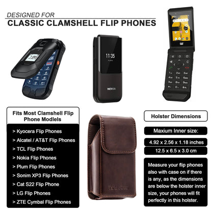 TarbicGear Leather Flip Phone Case with Belt Clip, Pouch for Kyocera & TCL Flip Phone Holster for Belt, Cat S22 Flip Case, Nokia Flip Phones, Sonim XP3 Plus Magnetic Phone Pouch, Brown Color