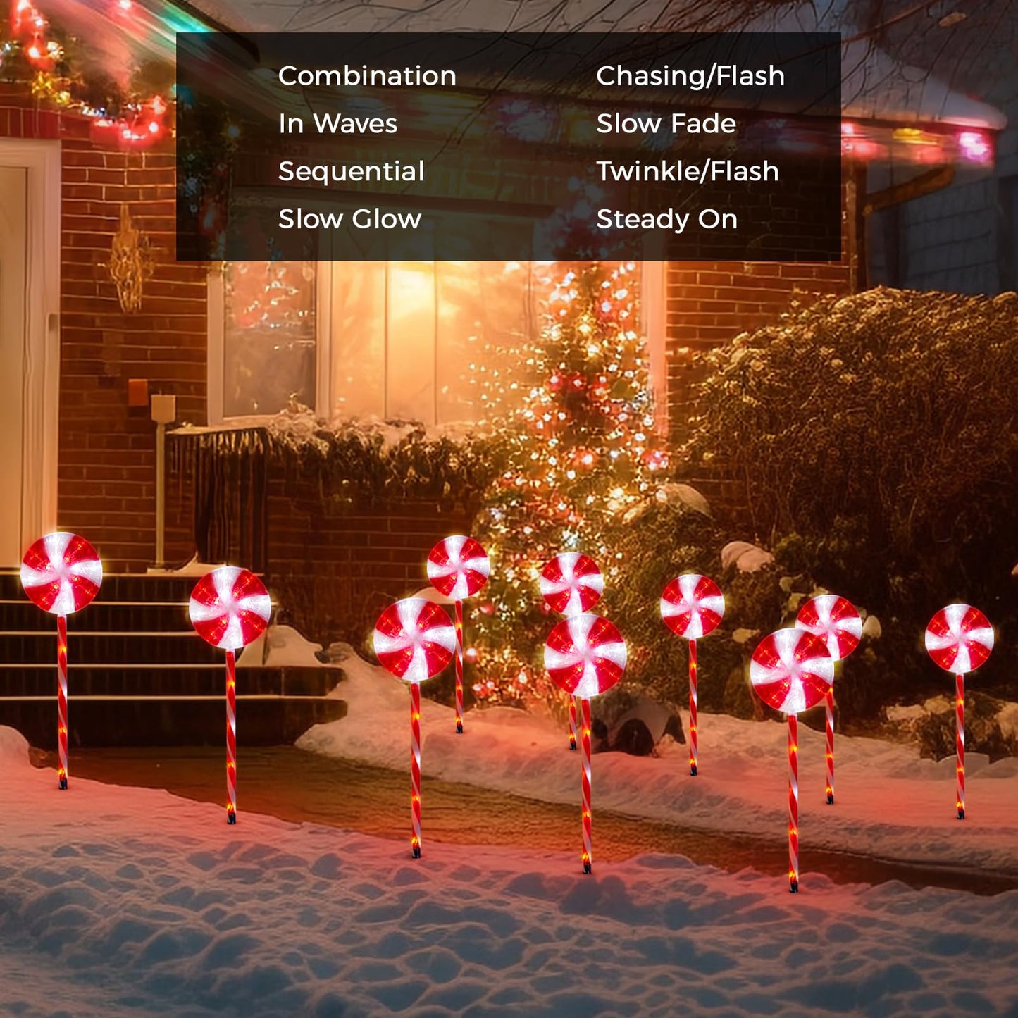 Outdoor Christmas Decorations Solar Pathway Lights, Set of 10 Lollipops Peppermint Stake Lights, 8 Modes Candy Cane Walkside Lights, Outdoor Xmas Decoration for Walkway,Yard (10PCS-Red)
