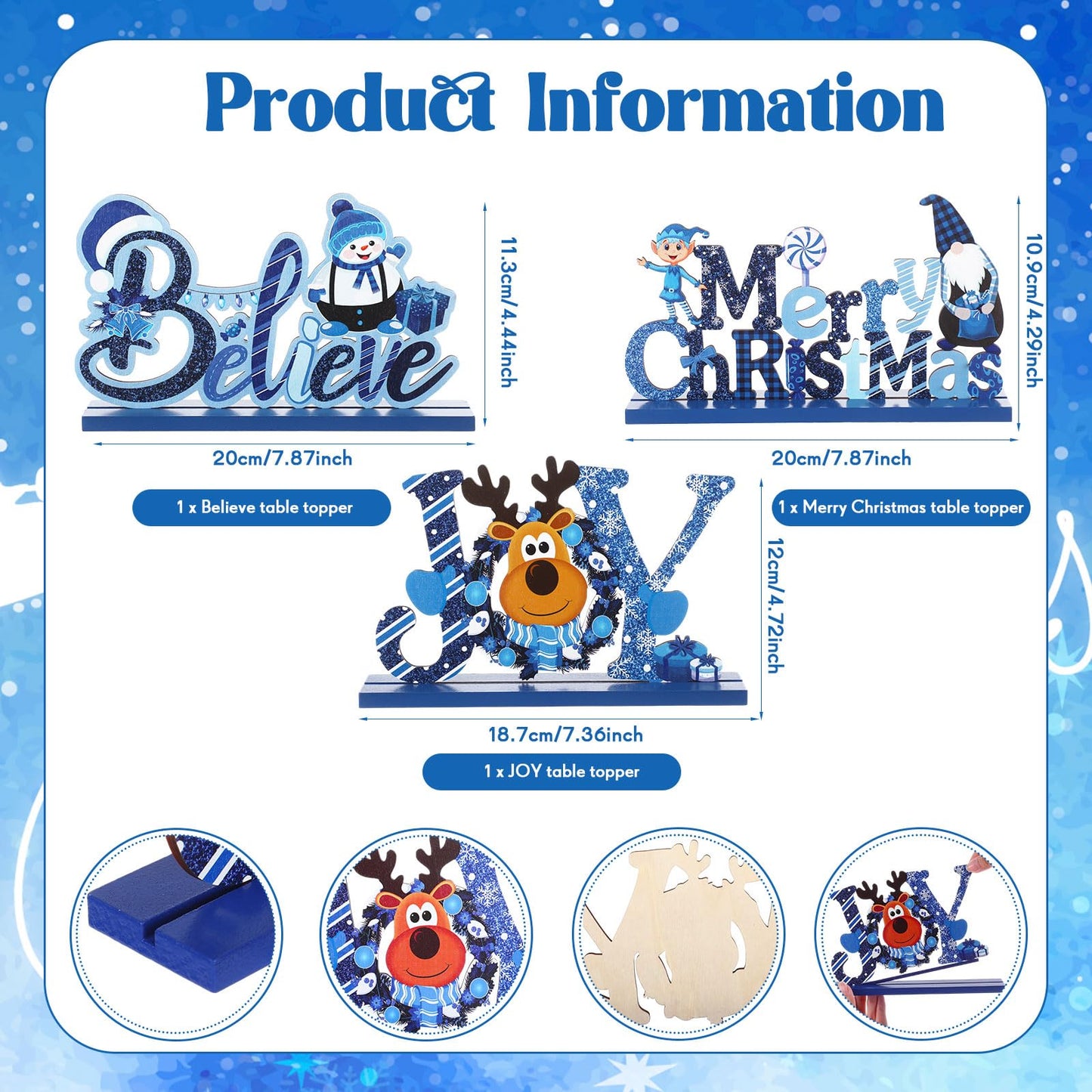 Blulu 3 Pcs Christmas Decorations Indoor Centerpieces for Tables Tabletop Wooden Signs Farmhouse Centerpieces Xmas Snowman Santa Claus Gnome Signs Merry Christmas for Xmas Holiday Party Decor(Blue)