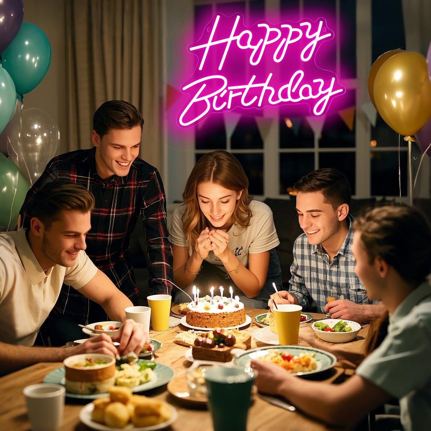 Happy Birthday Neon Signs for Party Decor Dimmable LED Neon Light for Wall Decor Light Up Happy Led Signs for Backdrop Birthday for Any Ages Bday Celebration, Pink