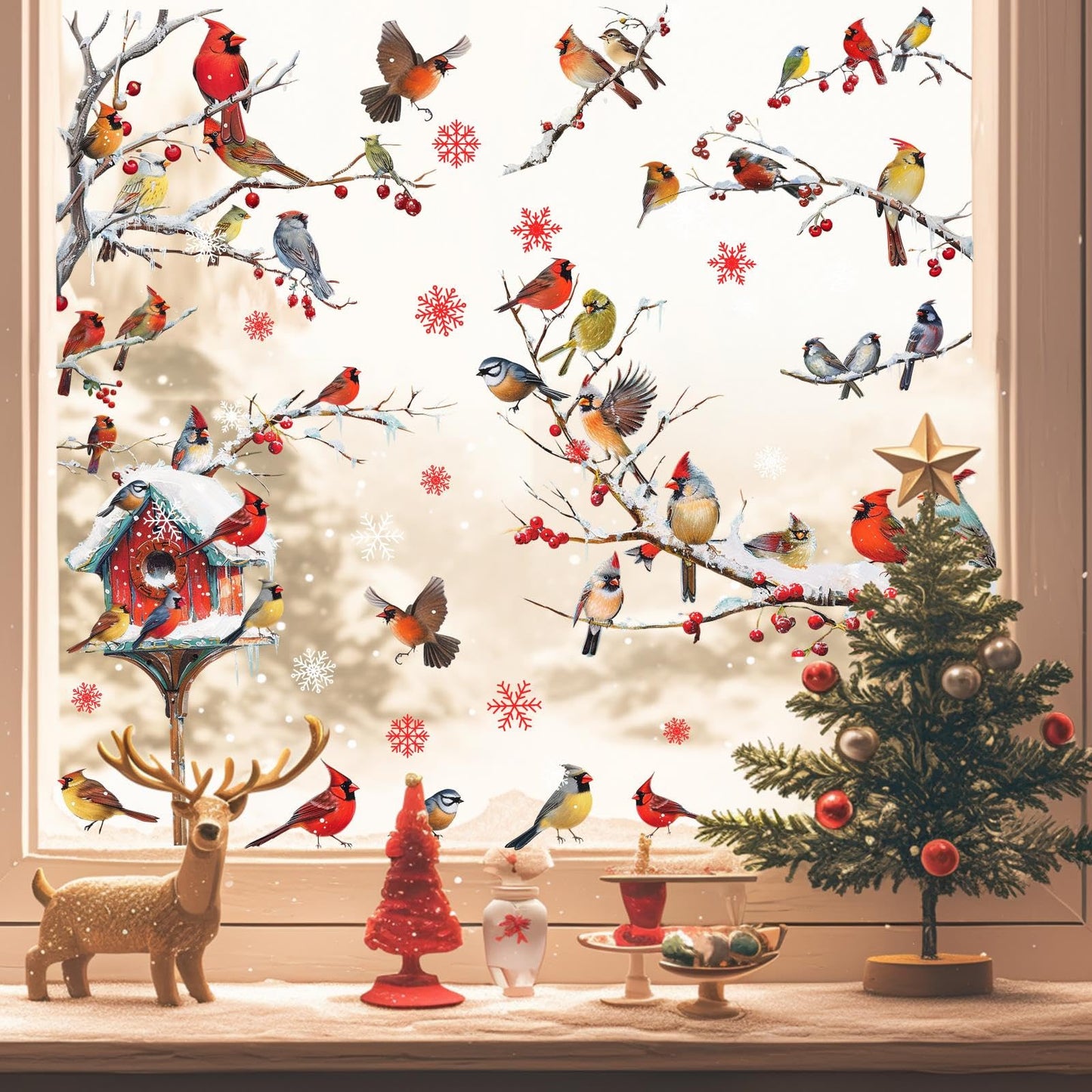 Winter Window Stickers Christmas Window Clings Double-Sided Xmas Sticker for Indoor Outdoor Decor Winter Birds Tree Branch Windows Decals for New Year Christmas Holiday Party Living Room Home Decor
