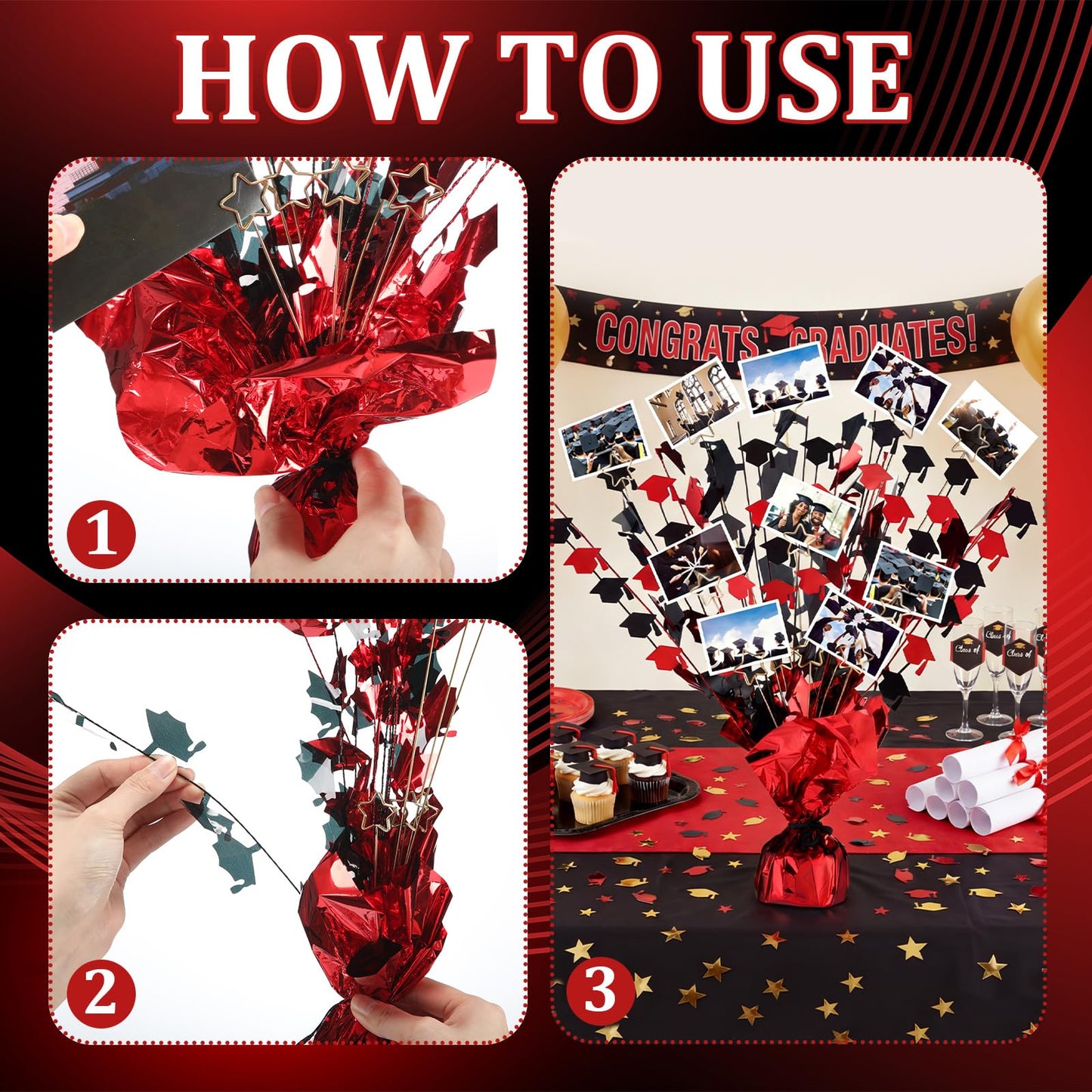 FunooFuno 6 Pcs Graduation Photo Display Decoration Graduation Table Centerpiece Class of 2026 Glitter Foil Party Table Decor with 48 Photo Toppers for Congratulate Grad Party Supplies(Black and Red)