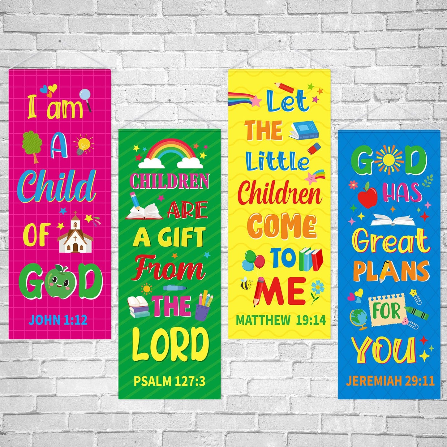 Panelee 4 Pcs Church Banners for Sanctuary Wall Rainbow Cartoon Church Banners with Scripture Inspirational Religious Praise Bible Verses Hanging Backdrop Signs for Sunday School Worship Decoration