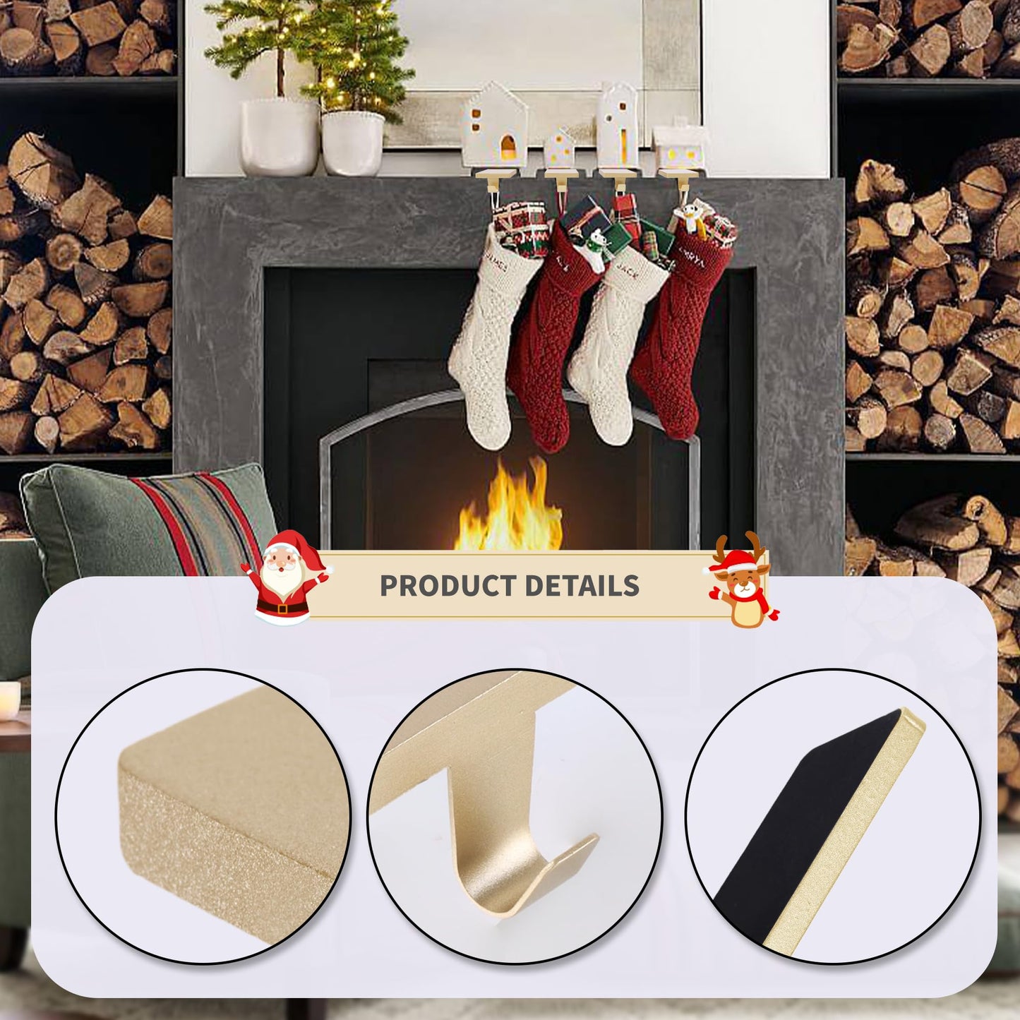 Anrgterg 4 Pcs Christmas Stocking Holders, Mantel Stocking Hangers Metal Hanging Hooks with Protective Pads for Xmas Holiday Counter Window Home Table Gold