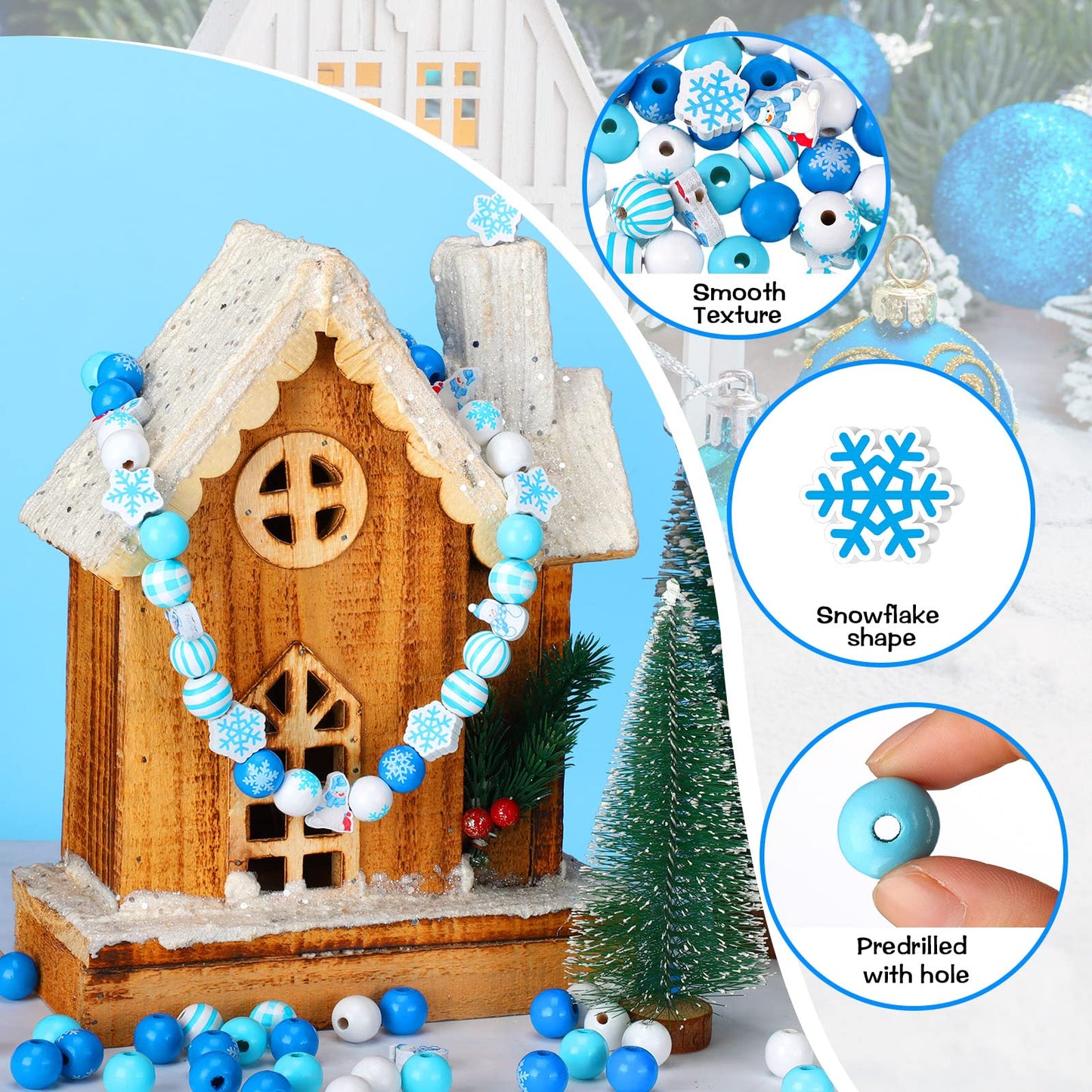 Bencailor 200 Pcs Winter Wooden Beads Winter Snowflake Craft Beads 16 mm 20 mm Snowman Wood Craft Buffalo Plaid Round Loose Spacer for DIY Garland Home Decor