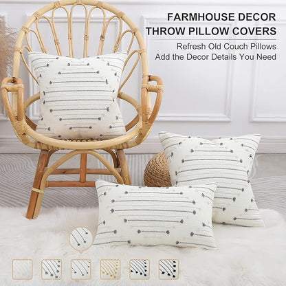 Mecatny Boho Outdoor Throw Pillow Covers 18X18 Set of 2, Farmhouse Decorative Pillow Covers for Couch Sofa Living Room, Beige & Grey