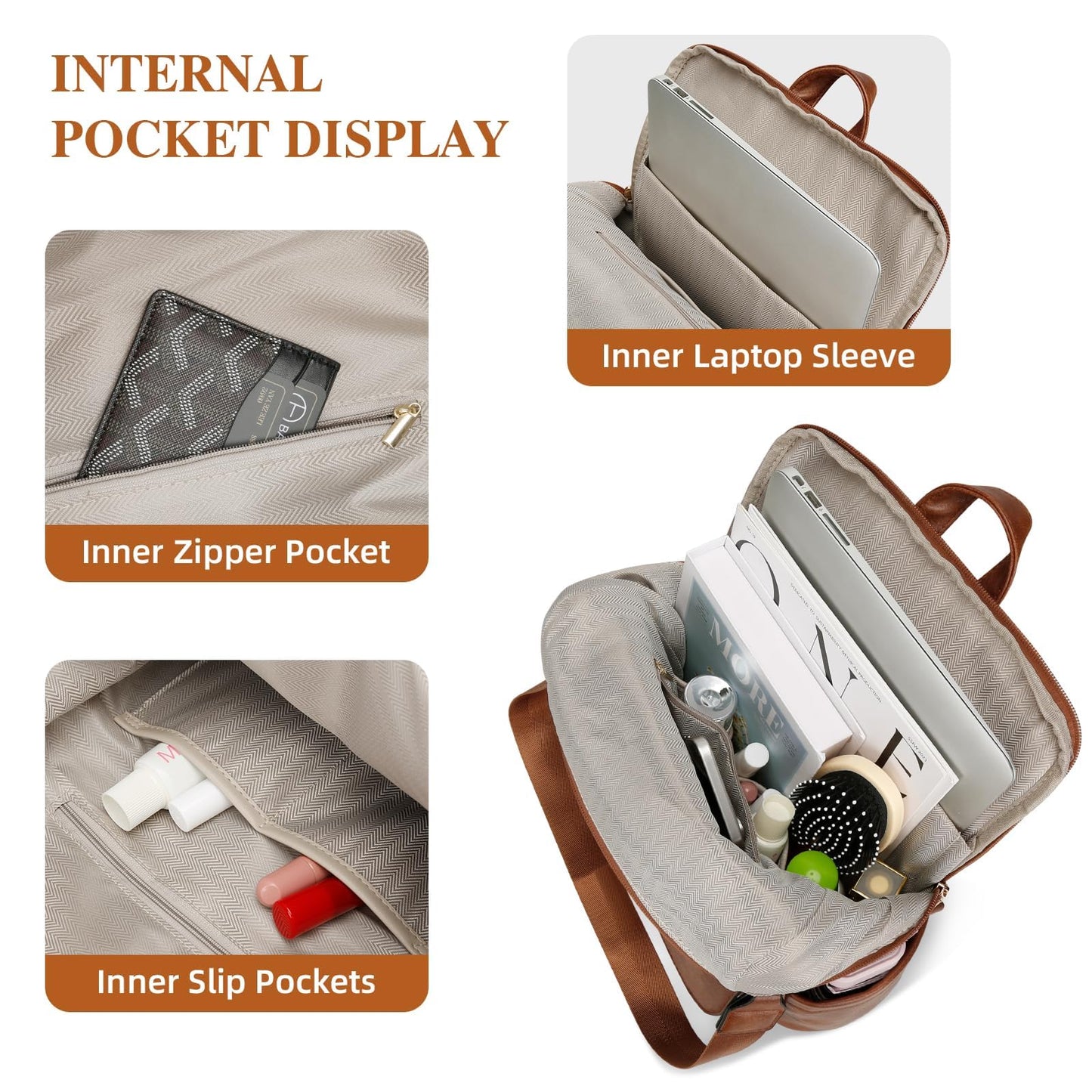 KKXIU Backpack Purse for Women - Multi-pocket Leather backpack for Travel, Work & School with Anti-Theft Lock Pocket, Luggage Strap & Water Bottle Pockets - 13x14x5.2 Inch (B-Brown)