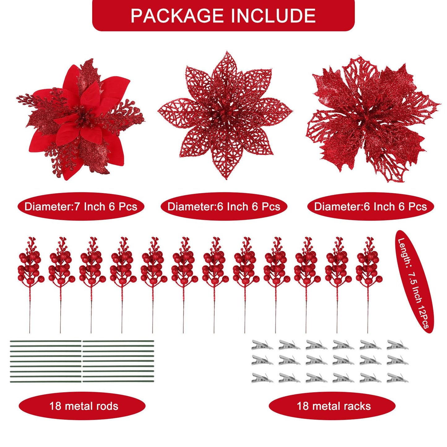 RECUTMS 66 Pcs 3 Styles Red Christmas Ornaments Christmas Glitter Poinsettia Flowers Artificial Christmas Tree Flower Decorations Wedding Wreath Floral Decorations (Red)