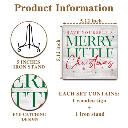 Cazhes Christmas Wooden Decor, Red & Green Merry Christmas Sign Decorations for Home Bedroom, 5x5 Inches Xmas Decor with Iron Stand, Birthday New Year Gifts -G05