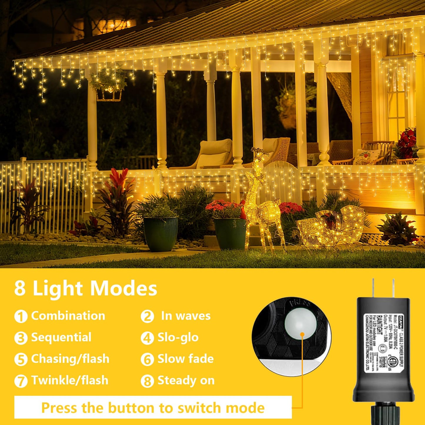 YEGUO 33ft 400 LED Icicle Lights Outdoor, 80 Drops Icicle Christmas Light Connectable, 8 Modes Warm White Xmas Icicle Lights with Timer Indoor