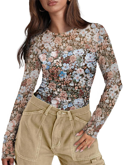 XIEERDUO Women's Sexy Sheer Long Sleeve Tops Crew Neck Mesh Ruched Going Out Shirts Blouse Date Night Outfits