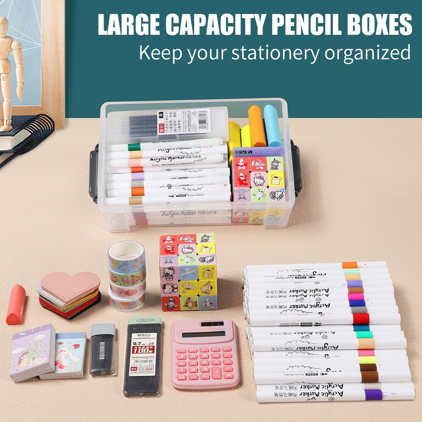 Catsayer 6Pcs Large Plastic Pencil Box Case Boxes Clear Marker Stackable Craft Organizers and Storage Organizer Containers with Lid for Art Pencils Teacher Supplies, Grey