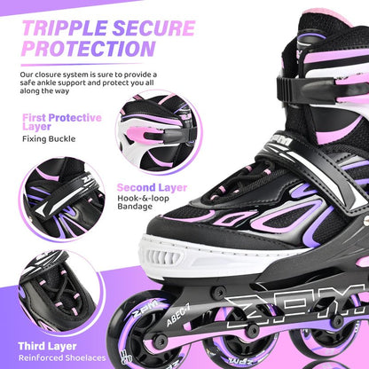 2PM SPORTS Vinal Inline Skates for Girls Boys Kids Ages 5-8 8-12 with Adjustable Illuminating Wheels, Inline Roller Skates for Youth Women Men - Purple Pink Large