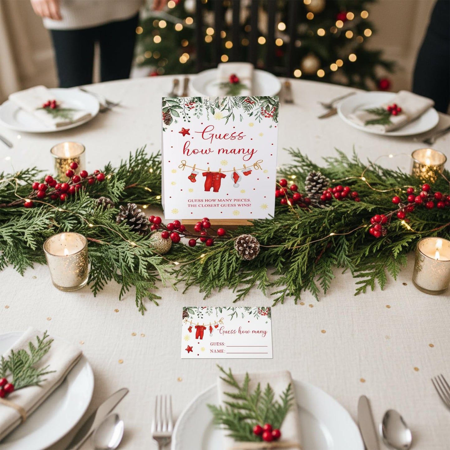 Lerheedi Christmas Guess How Many Baby Shower Game Pack of 1 Tabletop Sign with Stand and 50 How Many Cards, Christmas Gender Reveal Party Game Decorations(Santa)