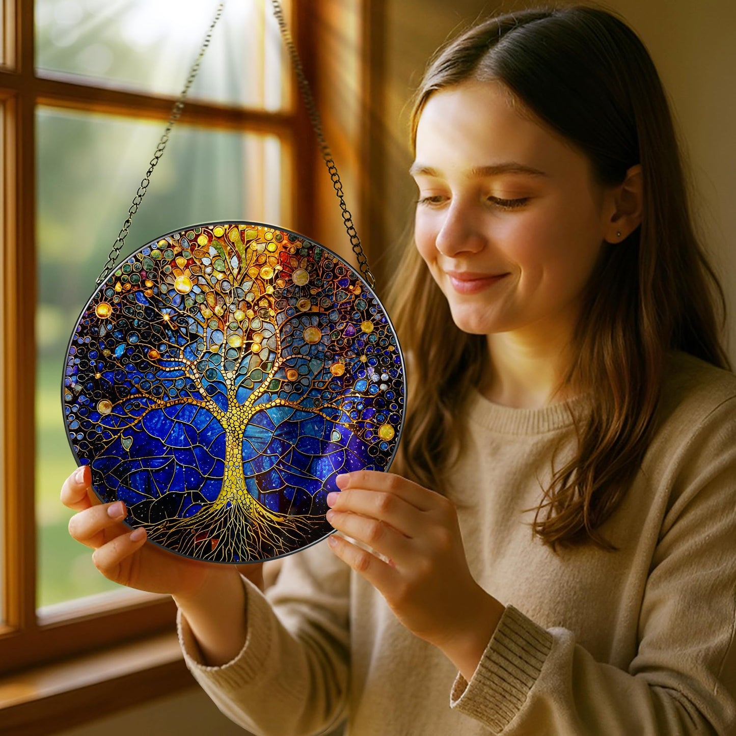 8-Inch Stained Glass Tree of Life Ornament, Stained Glass Window Hanging, Window Hanging Decor Suncatcher – Housewarming, Christmas, Birthday | Gift for Family, Friend, Couple, Teacher | Holiday Decor