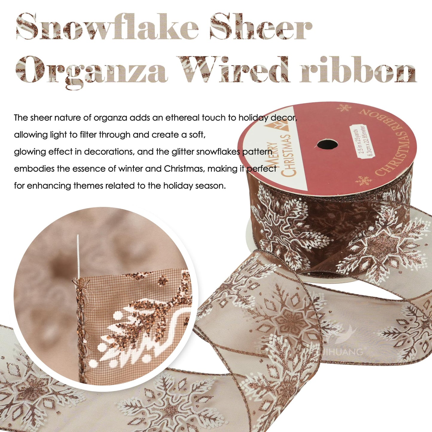 HUIHUANG Snowflake Sheer Wired Ribbon Brown Glitter Snowflakes Ribbon for Christmas Tree Decorations, Bows Making, Wreath, Gift Wrapping, Garlands, Fall Decor- Continuous 25 Yards