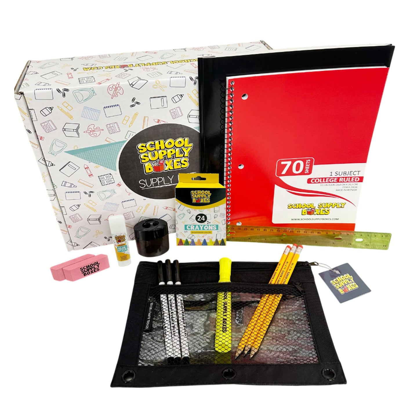 School Supply Boxes | Budget Saver Bundle (1 Box) | Back to School Essentials Kit for Students & Teachers | Includes Spiral Notebook, Crayons, Pens, Pencils, Glue & More