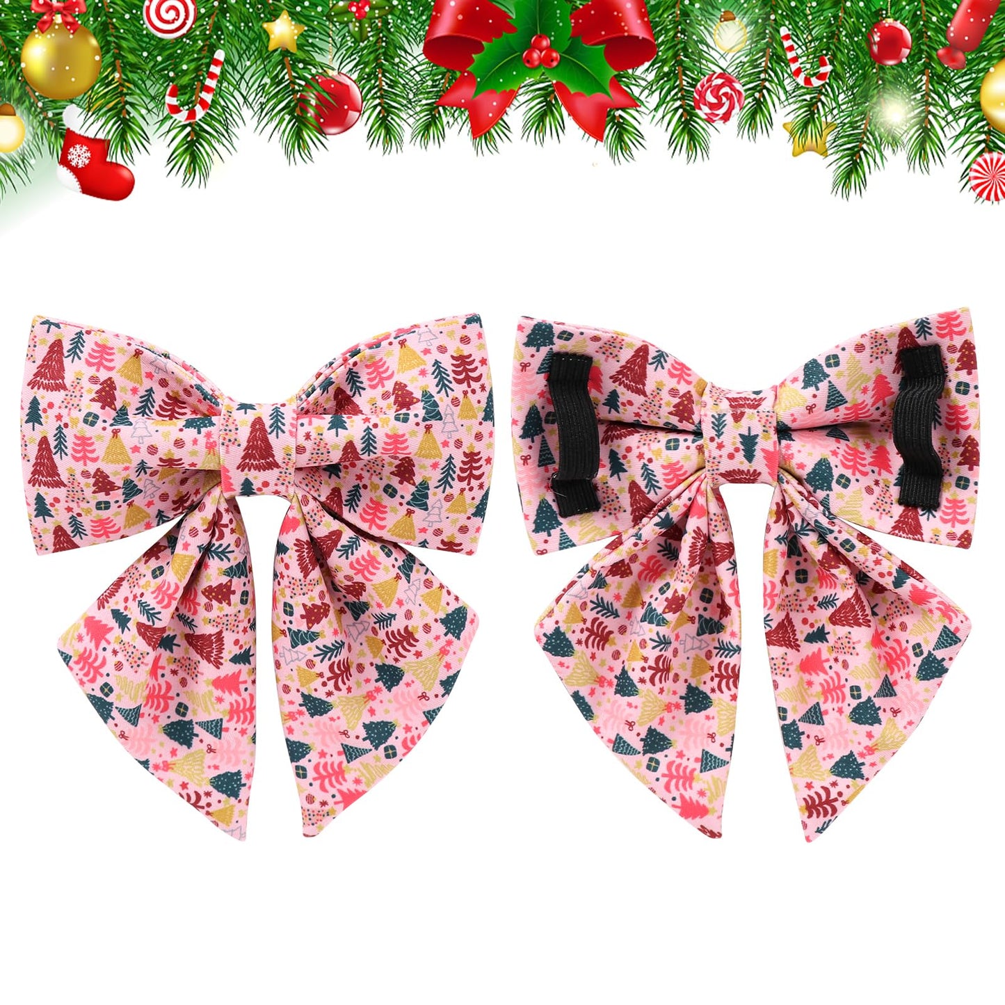 UP URARA PUP Christmas Dog Collar with Bow Tie, Pink Christmas Tree Collars for Dogs, Adjustable Pet Collar with Cute Xmas Tree Pendant, Winter Dog Accessories for Small Medium Large Dogs L