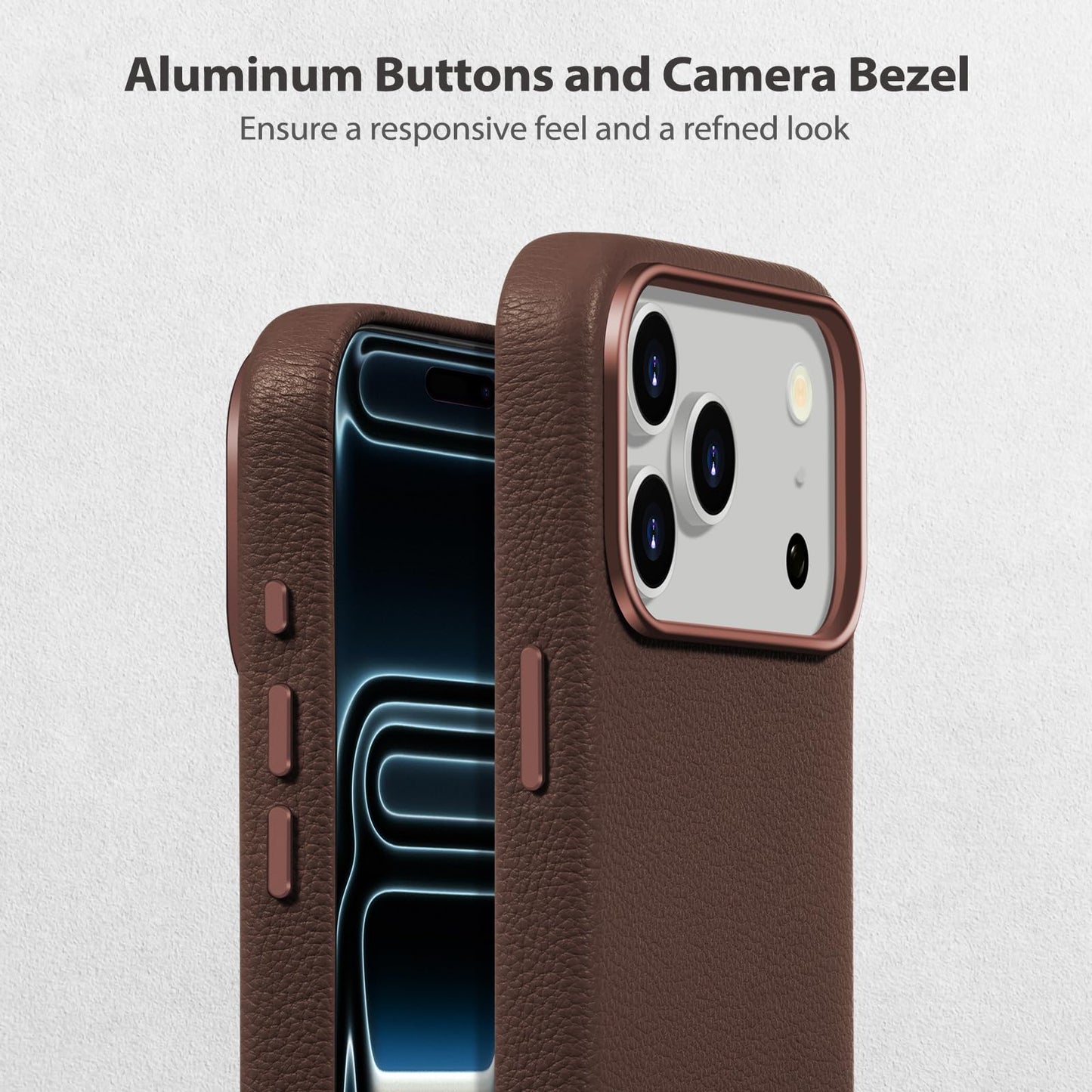 Belemay Handcrafted Premium Tumbled Leather Case for iPhone 17 Pro, Compatible with MagSafe, Distinctive Texture, Natural Patina, Camera Control Button, Metal Buttons Phone Cover (6.3"), Brown