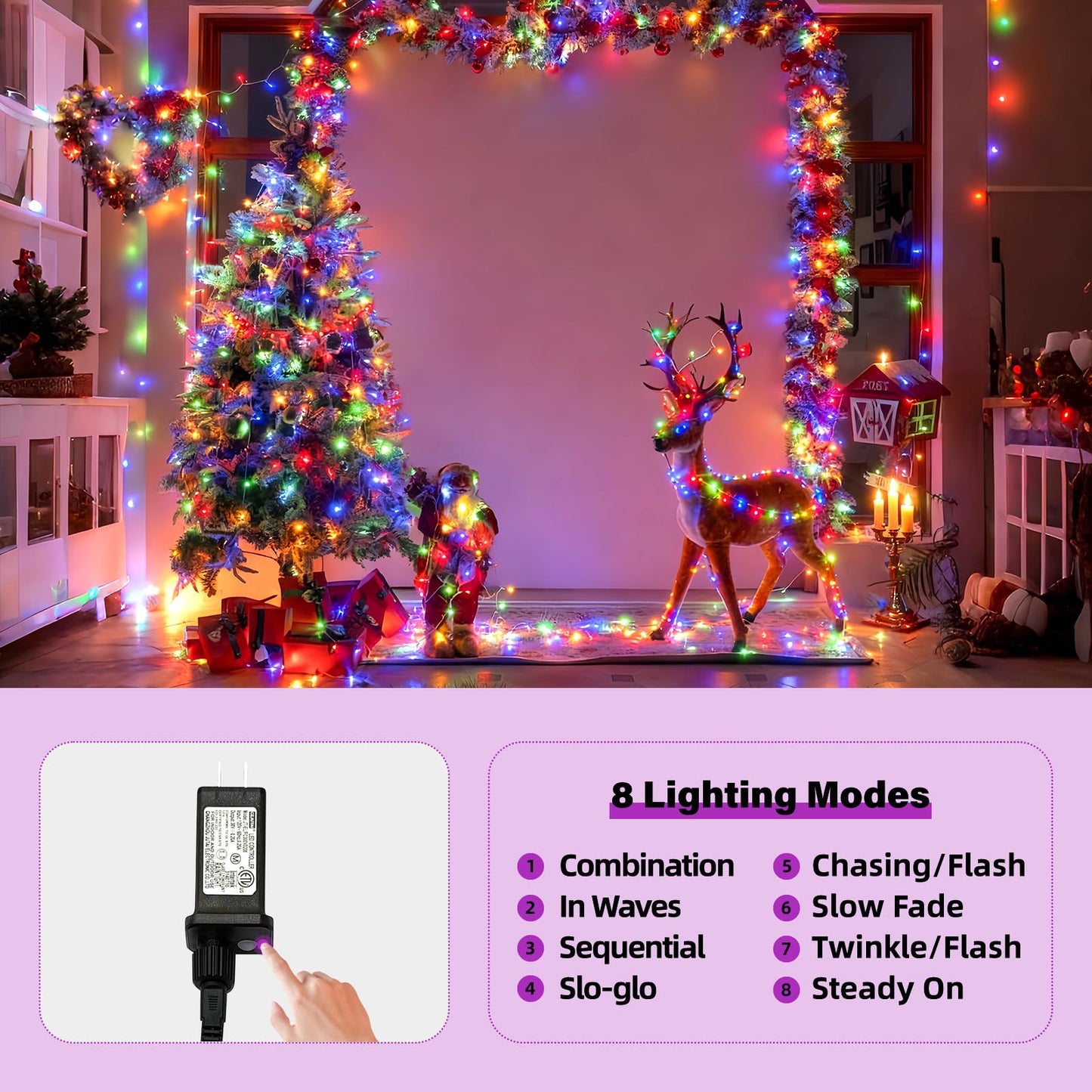 AHAWILL String Lights for Christmas Decor,LED RGB Classroom Lights, Waterproof Fairy Lights Indoor for Christmas Decor,Dimmable,8 Modes,Valentine's Day Home Decorations (83ft)