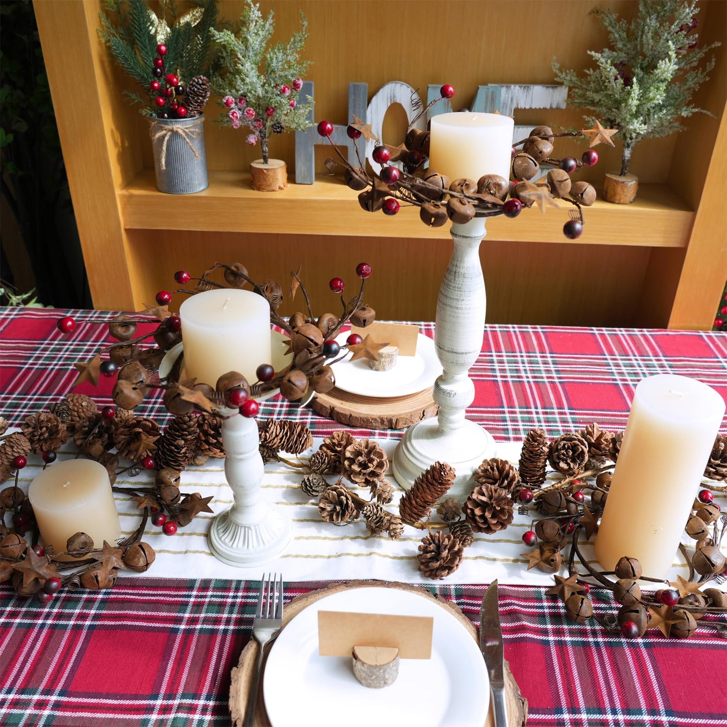 Winlyn 4 Pcs Christmas Jingle Bells Candle Rings Rusty Bells and Stars Wreaths Burgundy Berries 4.1" Center Mini Decorative Wreaths for Primitive Farmhouse Holiday Home Table Decoration Centerpiece