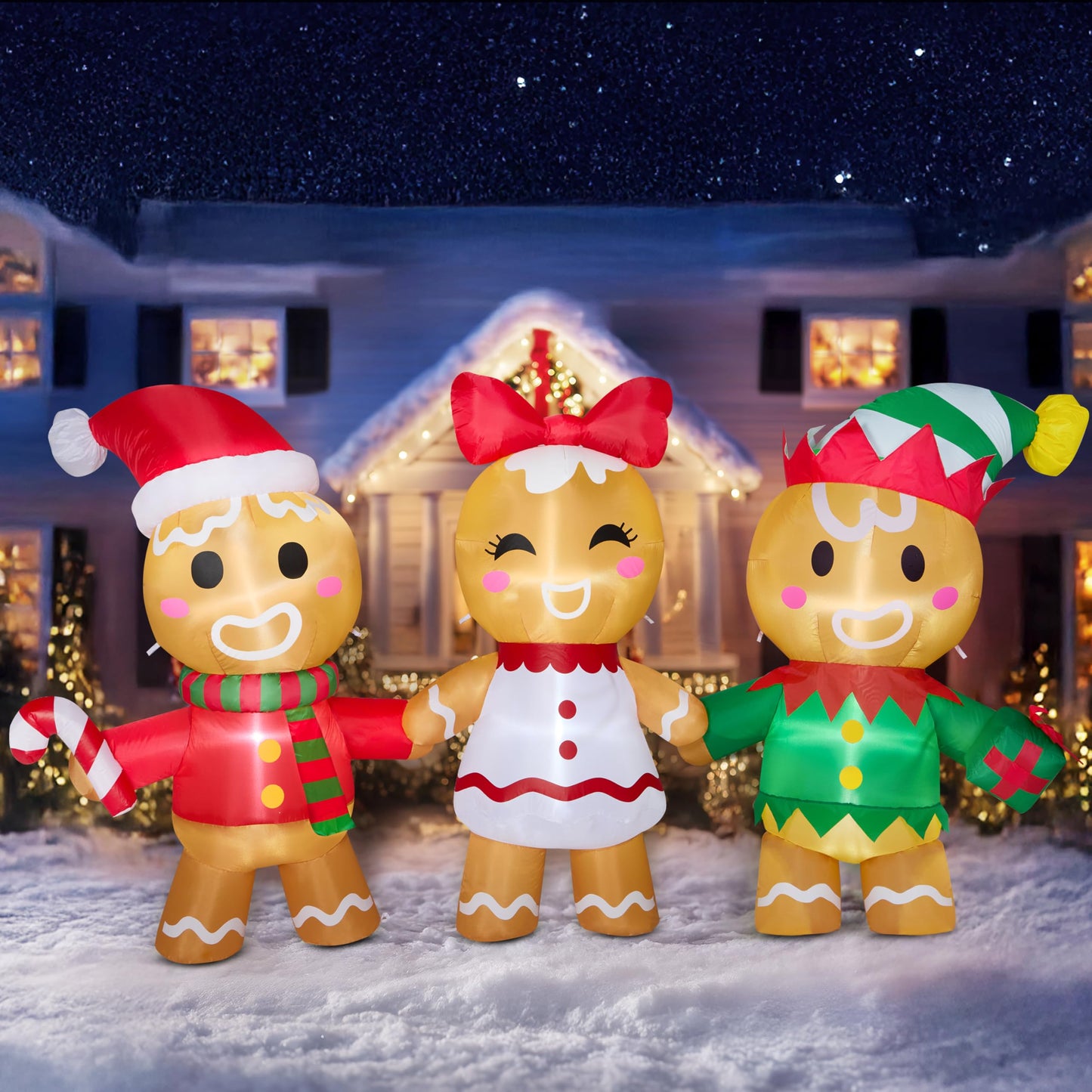 Joiedomi 8 FT Long Christmas Inflatable Gingerbread Decoration, Christmas Blow Ups Three Gingerbread Men Yard Decoration with LEDs, Cute Xmas Gingerbread Inflatable for Outdoor Yard Garden Lawn Decor