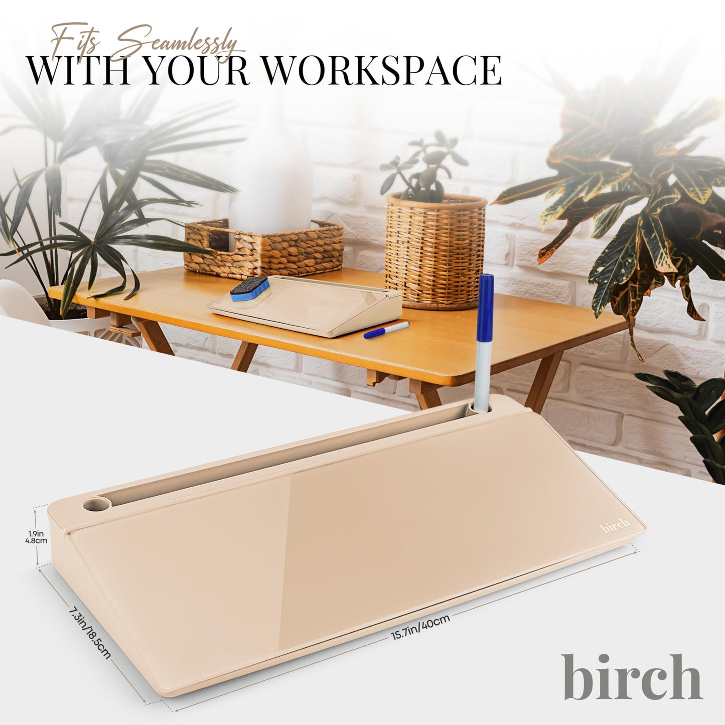 Birch Small Desktop Whiteboard – Glass Dry Erase Board Desk Pad Keyboard Stand with Storage Compartment Adjustable Dividers 3 Markers, Eraser & Holder – Perfect for Office, Home, & School (Sand)
