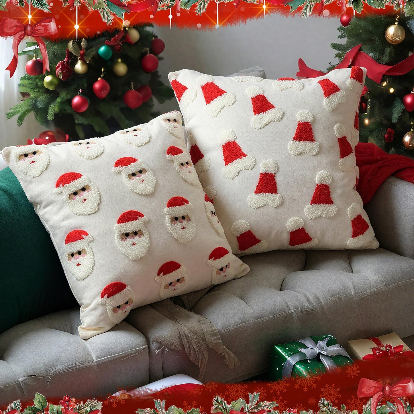 Hahafelt 2 Pcs Christmas Throw Pillow Covers 18x18 Inch Santa Claus Christmas Decorative Square Pillowcases Embroidery Cushion Covers Soft Plush Faux Fur Wool Decor for Winter Sofa Living Room