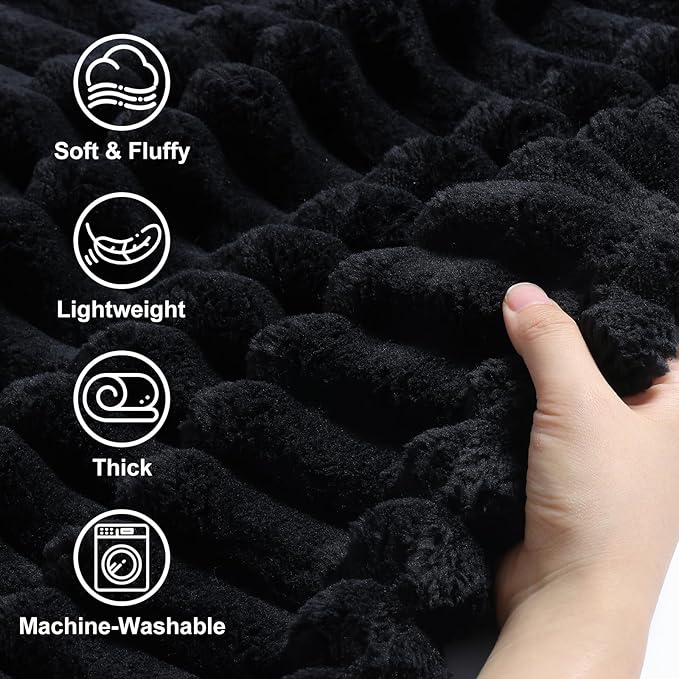 decorUhome Soft Fleece Black Blanket Queen Size for Bed, Cozy Fluffy Plush Flannel Large Striped Throws for Couch Sofa, Lightweight Decorative Fuzzy Blanket for Woman, 90x90 Inches