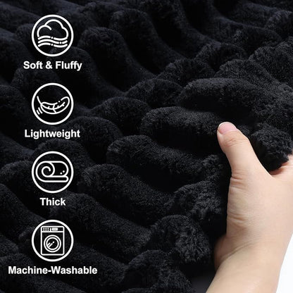 decorUhome Soft Fleece Black Twin Blanket for Bed, Cozy Fluffy Plush Flannel Striped Throws for Couch Sofa, Lightweight Decorative Ribbed Fuzzy Blanket for Woman, 60x80 Inches