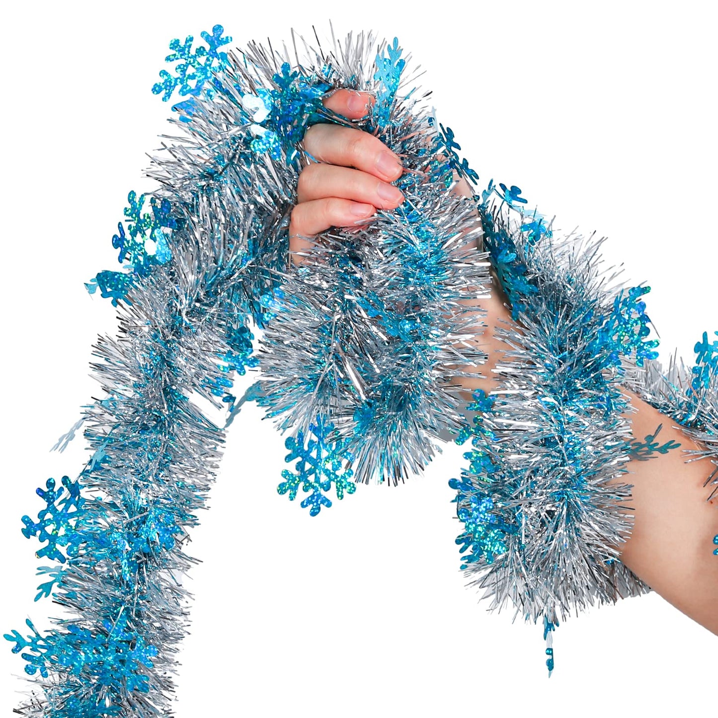 AnyDesign 32.8 Ft Christmas Tinsel Garland Blue Silver Metallic Twist with Snowflakes for Xmas Tree Classroom Office Party Decor DIY Craft