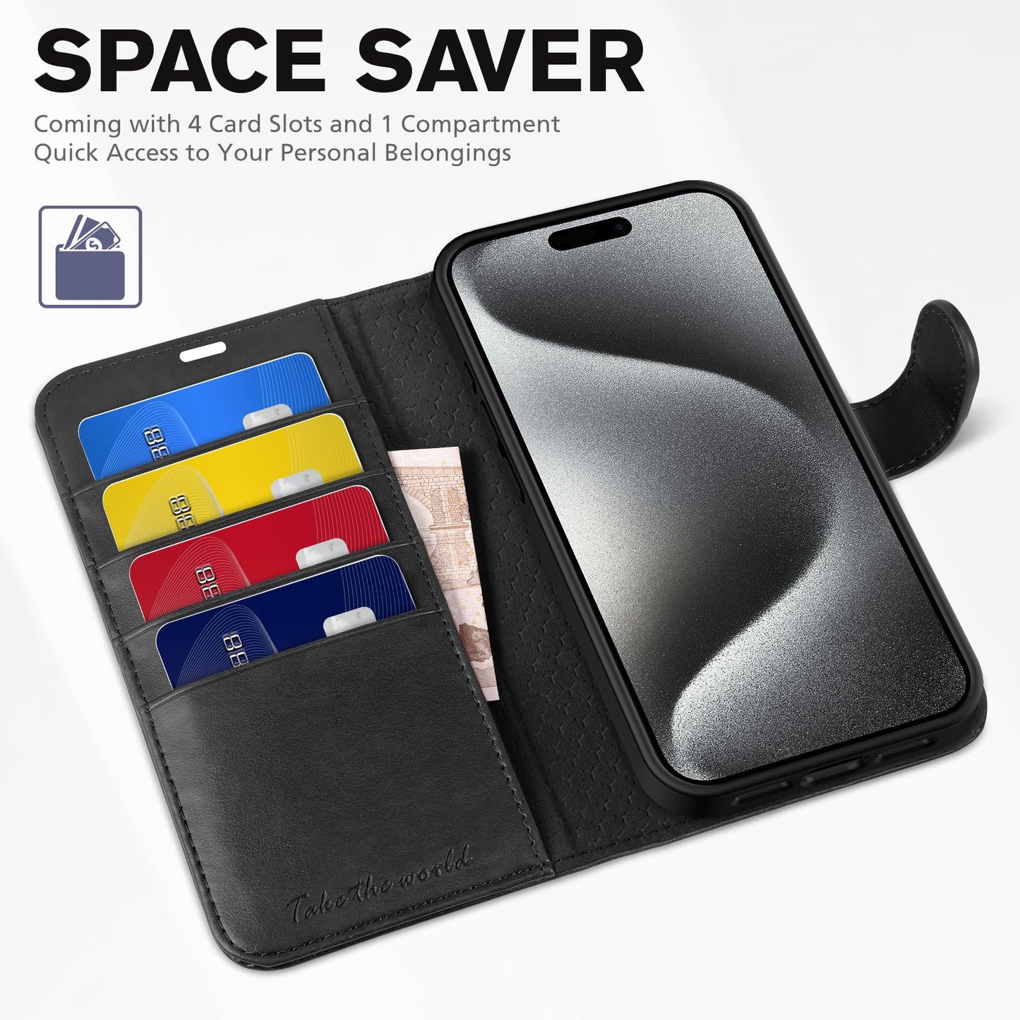 TUCCH Case Wallet for iPhone 15 Pro Max, RFID Blocking 4 Card Holder Kickstand Shockproof TPU Inner Case, PU Leather Magnetic Flip Folio Cover, Black
