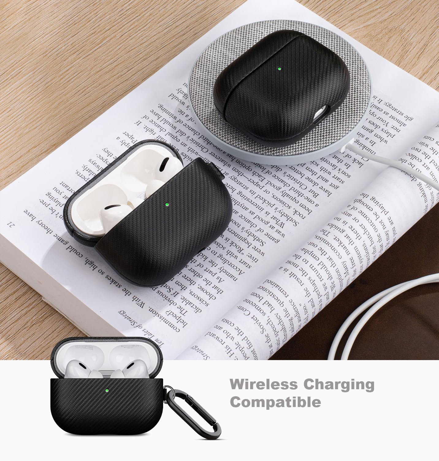 LOPIE Handmade AirPods Pro Case, Carbon Fiber Texture Vegan Leather Case with Keychain & Cleaner Kit, Protective Hard Shell Cover - Black