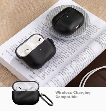 LOPIE Handmade AirPods Pro Case, Carbon Fiber Texture Vegan Leather Case with Keychain & Cleaner Kit, Protective Hard Shell Cover - Black