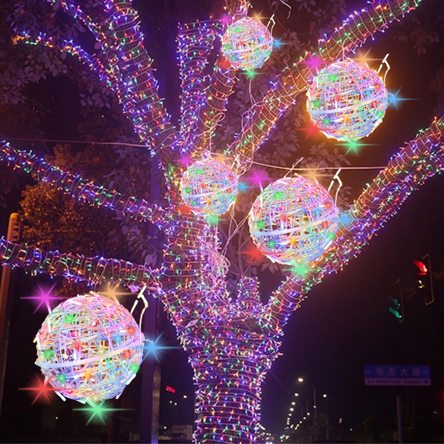 Outdoor Christmas Balls Lights Tree Lights Waterproof, 4 Pack 7.87" LED Hanging Globe Sphere Lights with 8 Lighting Modes Memory Timer Plug for Party Wedding Xmas Porch Patio Garden Yard Decorations