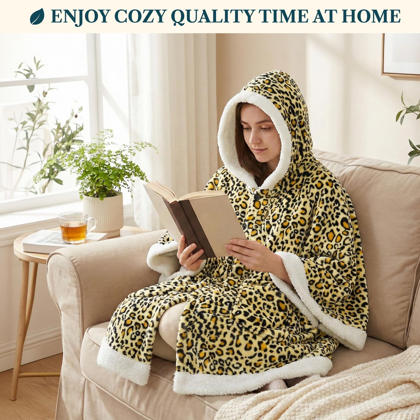 PAVILIA Hooded Blanket Poncho, Women Sherpa Fleece Shawl Wrap with Hood, Wearable Blanket Cozy Warm Poncho Cape Throw with Pockets, Gift for Elderly Mom, Cheetah Yellow