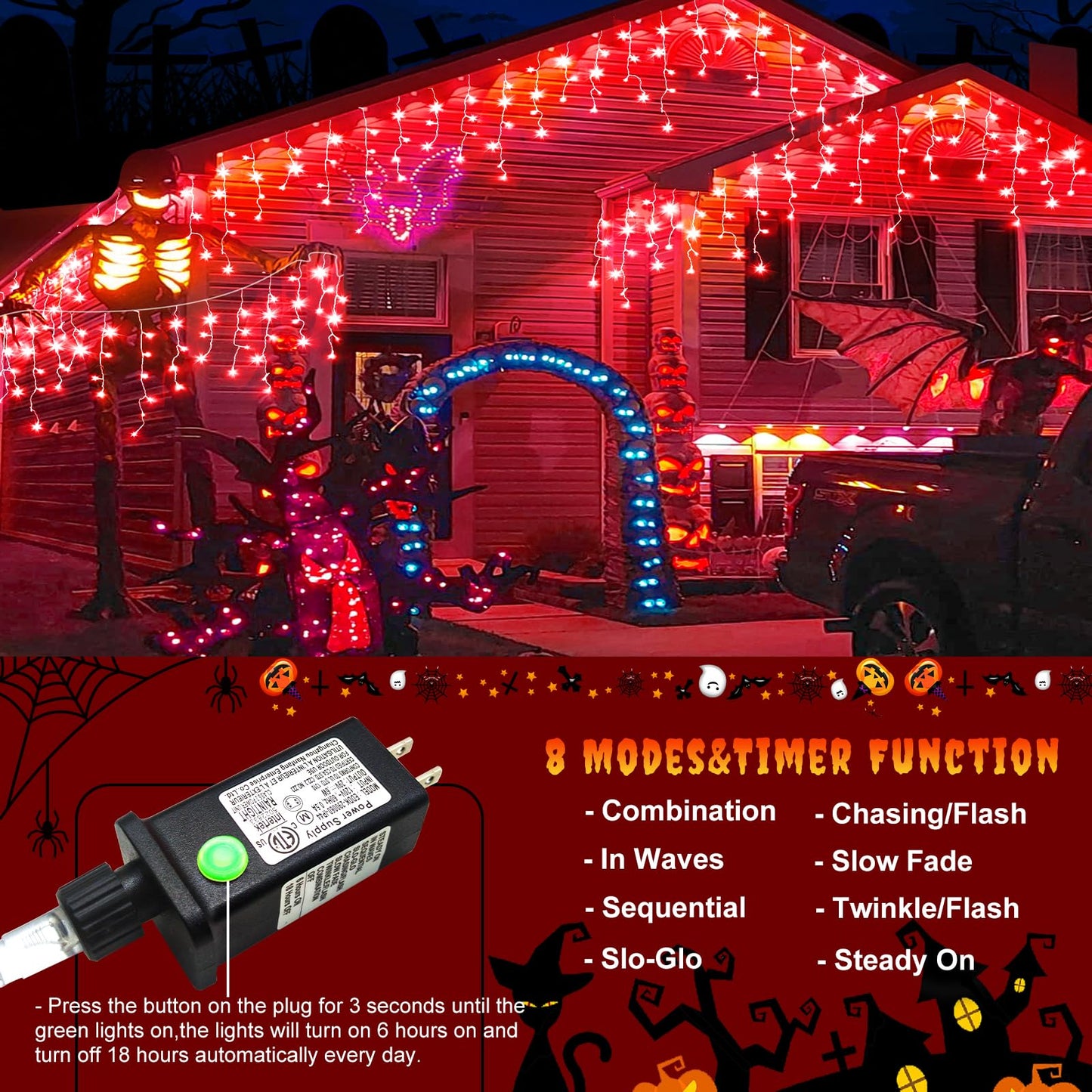 Einiiya Icicle Lights for Outside, 66ft 640 LED Icicle Christmas Lights Outdoor with 120 Drops 8 Modes, Waterproof Red Christmas Light for House Plug in for Indoor Party Holiday Halloween Decorations