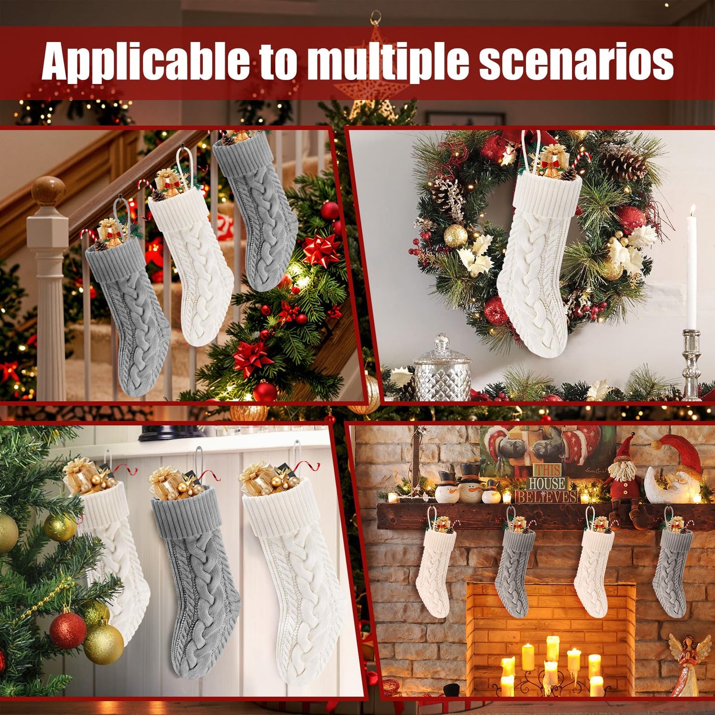 Doitory Christmas Stockings 4 Pack 18 Inches Large Size Knitted Stocking Christmas Decorations for Family Holiday Party Decor