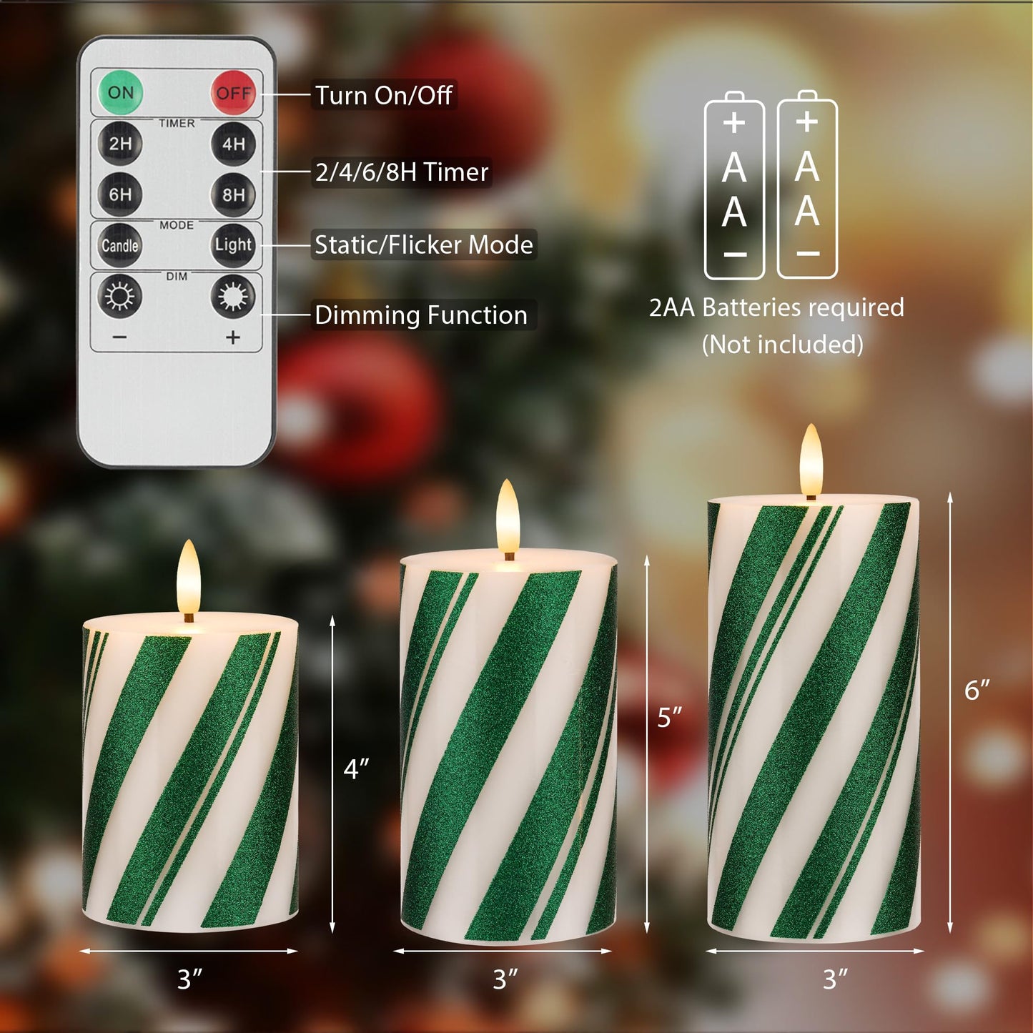 AFINETH Candy Cane Stripe Flameless Candles with Remote, Green Battery Operated Pillar Candles Real Wax, Flat Top Flickering Christmas LED Candle Decorations for Xmas, Home, Party Decor, Set of 3