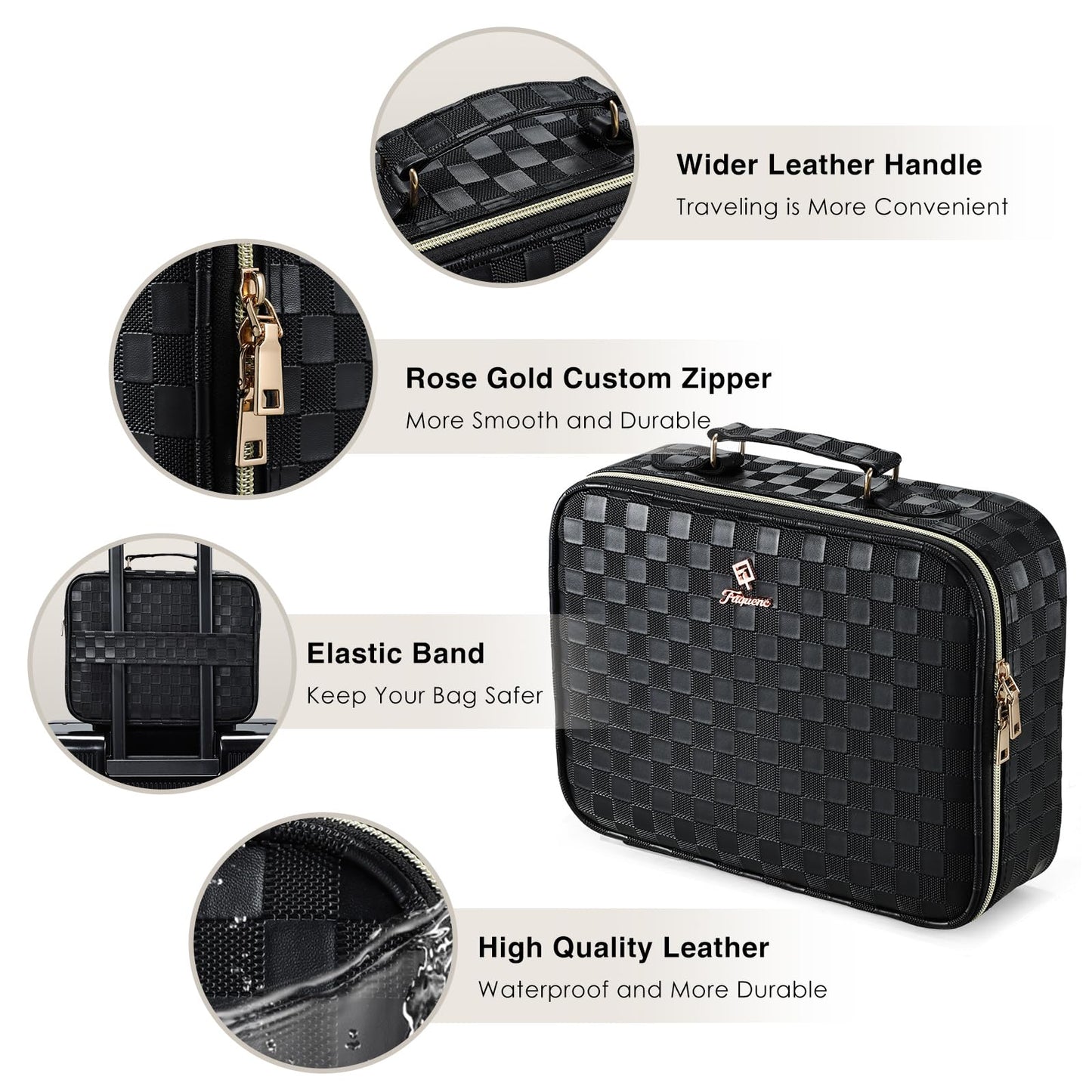 Faquenc Makeup Bag with LED Lighted Mirror 12.2 IN Travel Makeup Bag Adjustable Brightness in 3 Colors Cosmetic Organizer Artist Storage Bag with Dividers Brush Holder Bag Vanity Black Checkerboard