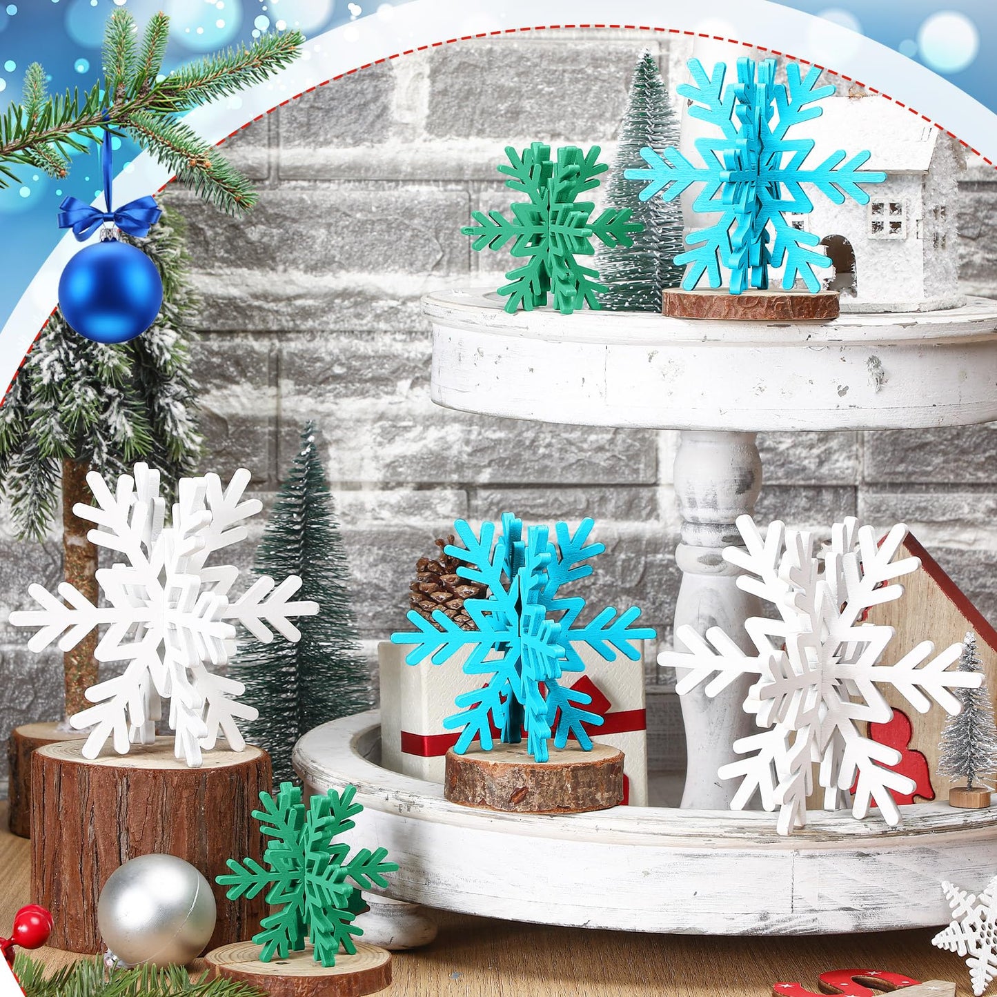 Bucherry 12 Pcs Wooden Snowflake Table Decor 3D Snowflake Tabletop Signs and Centerpiece for Frozen Party Christmas Xmas Winter Wonderland Decorations Home Office Mantel(White, Blue, Green)